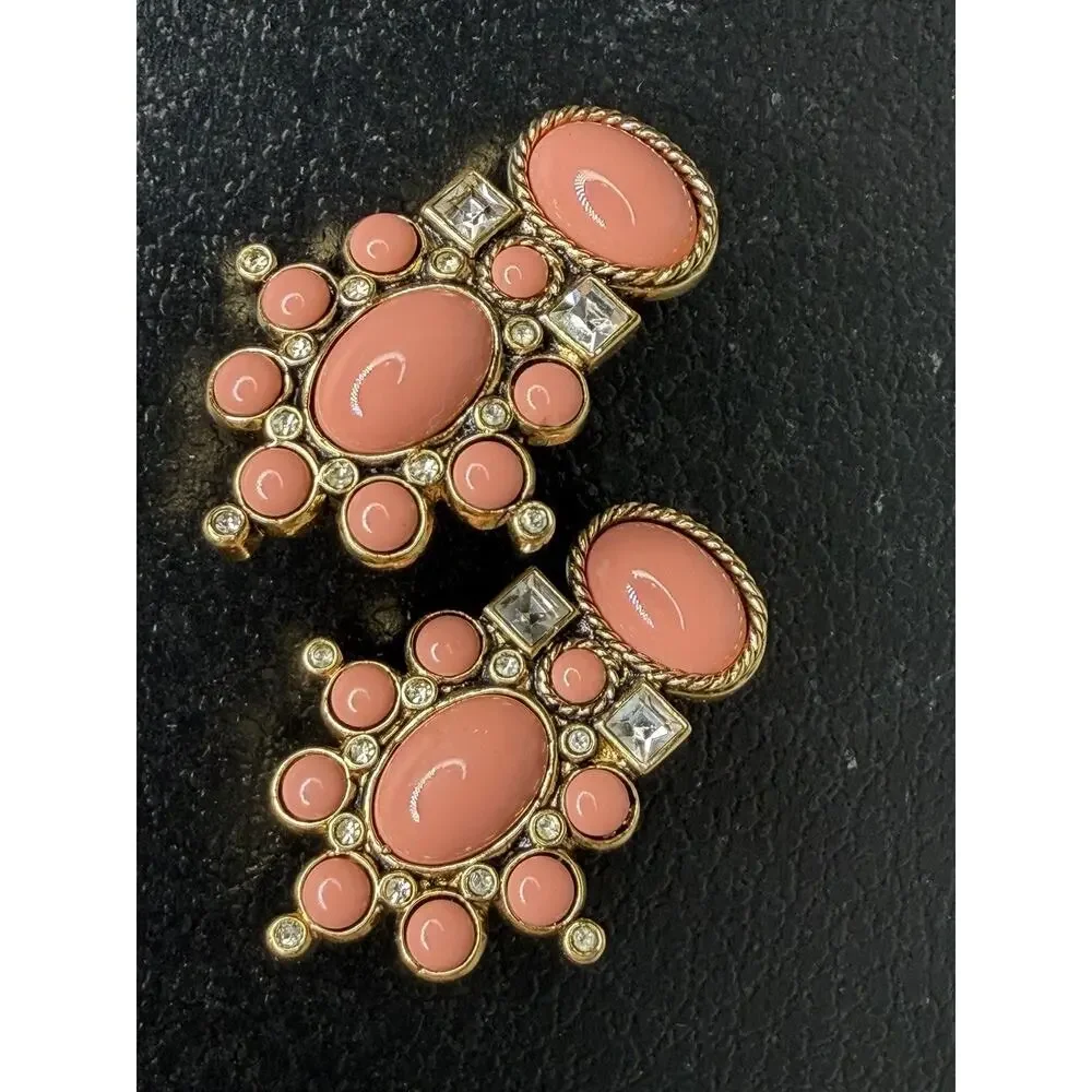 Elizabeth Taylor Avon Coral Cabochon Rhinestone Baroque Clip Earrings Vintage